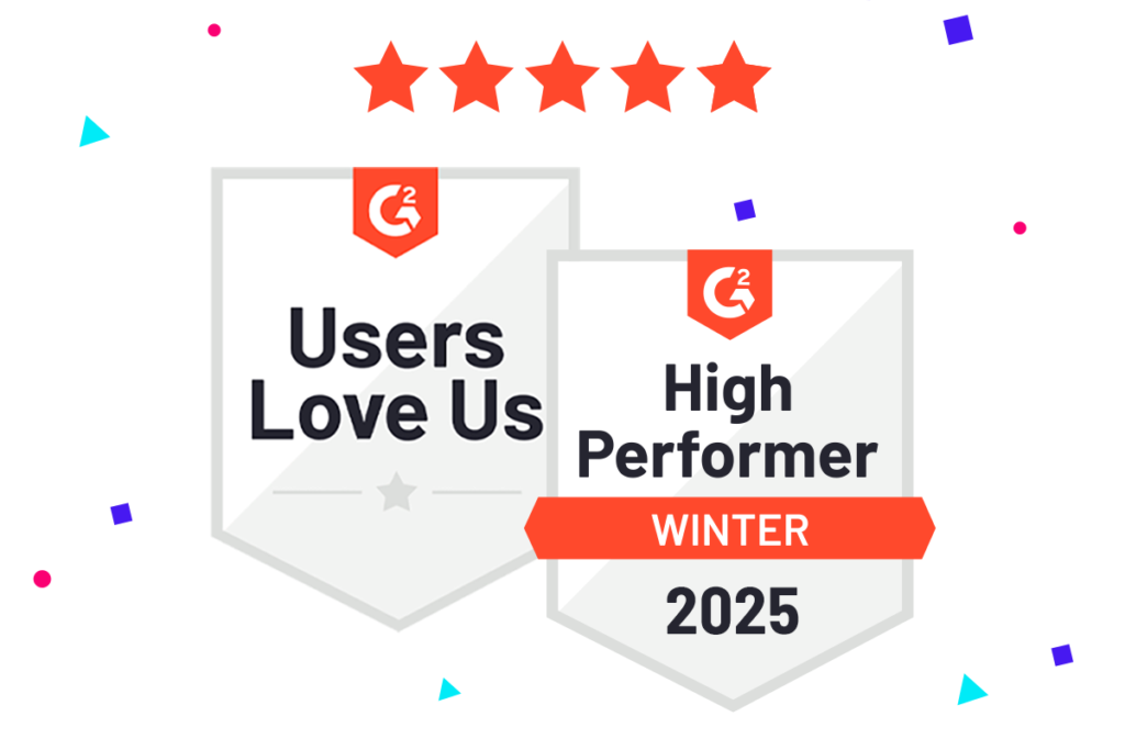 G2 Winter 2025 High Performer and Users Love Us badges, plus 4.7/5 user rating for content creation software